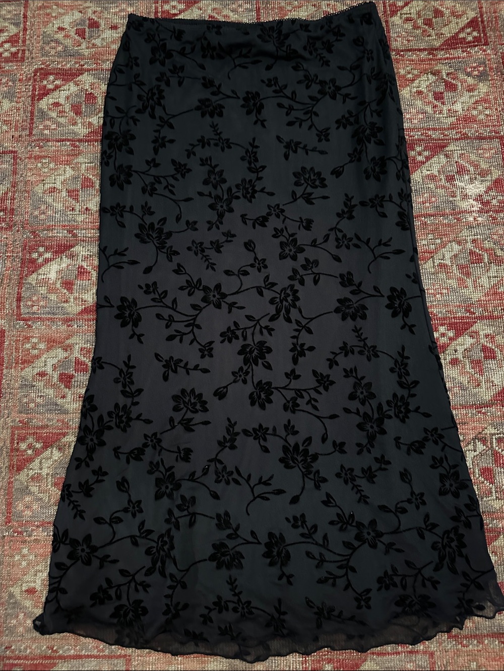 Black Floral Velvet Burnout Midi Skirt